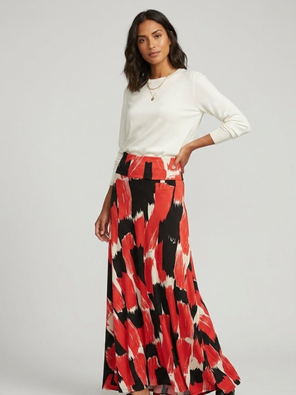 Rachel Pally XS Long Full Maxi Skirt Fold Over Waist Black Red Printed Jersey